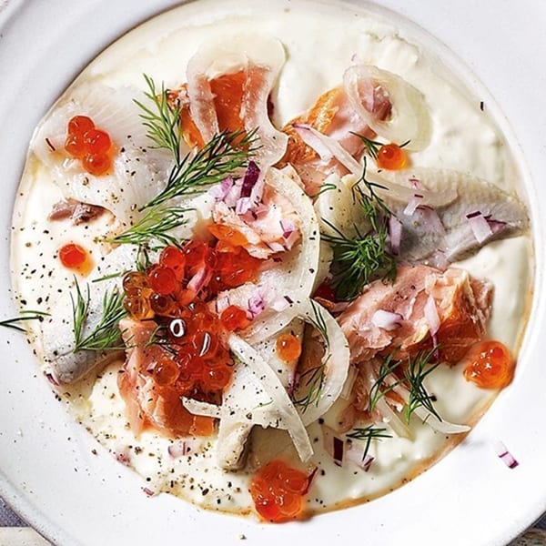 Pepparrotssås (horseradish sauce) with pickled herring and hot-smoked salmon