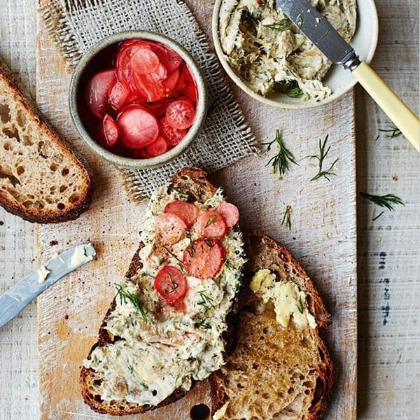 Mackerel pâté with quick-pickled radishes and Hoxton Bakehouse stoneground spelt loaf