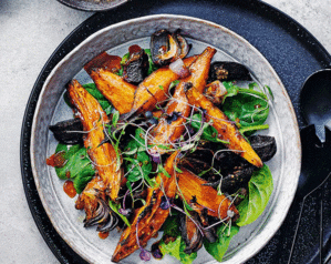 Roast sweet potato, beetroot and red onion salad with miso dressing