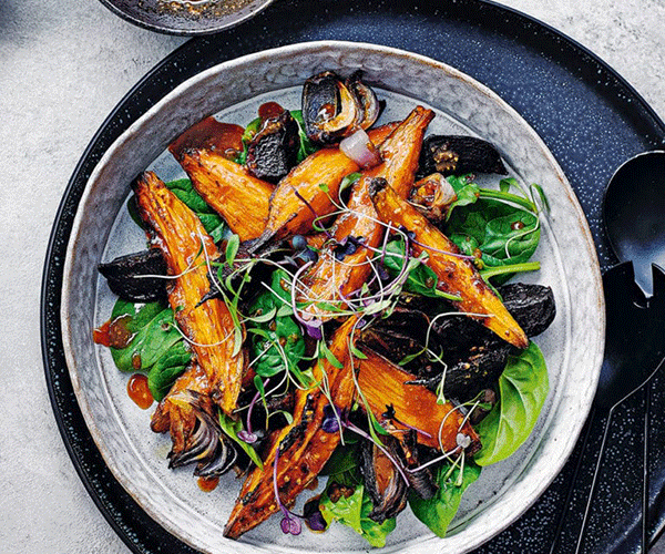Roast sweet potato, beetroot and red onion salad with miso dressing