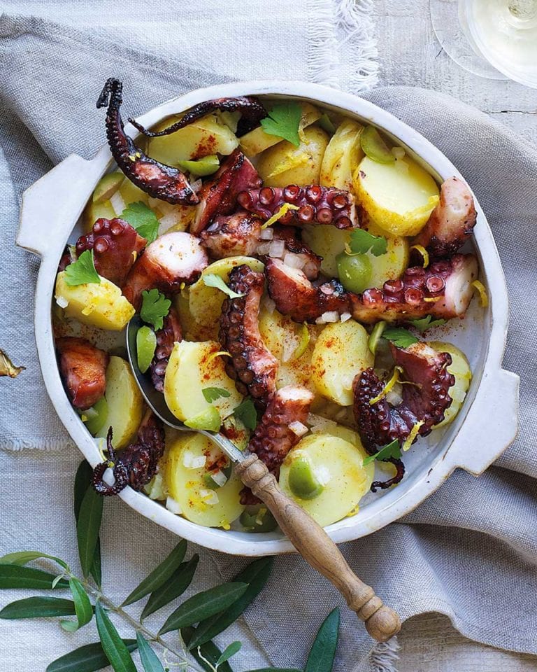 Griddled octopus with potatoes and olives