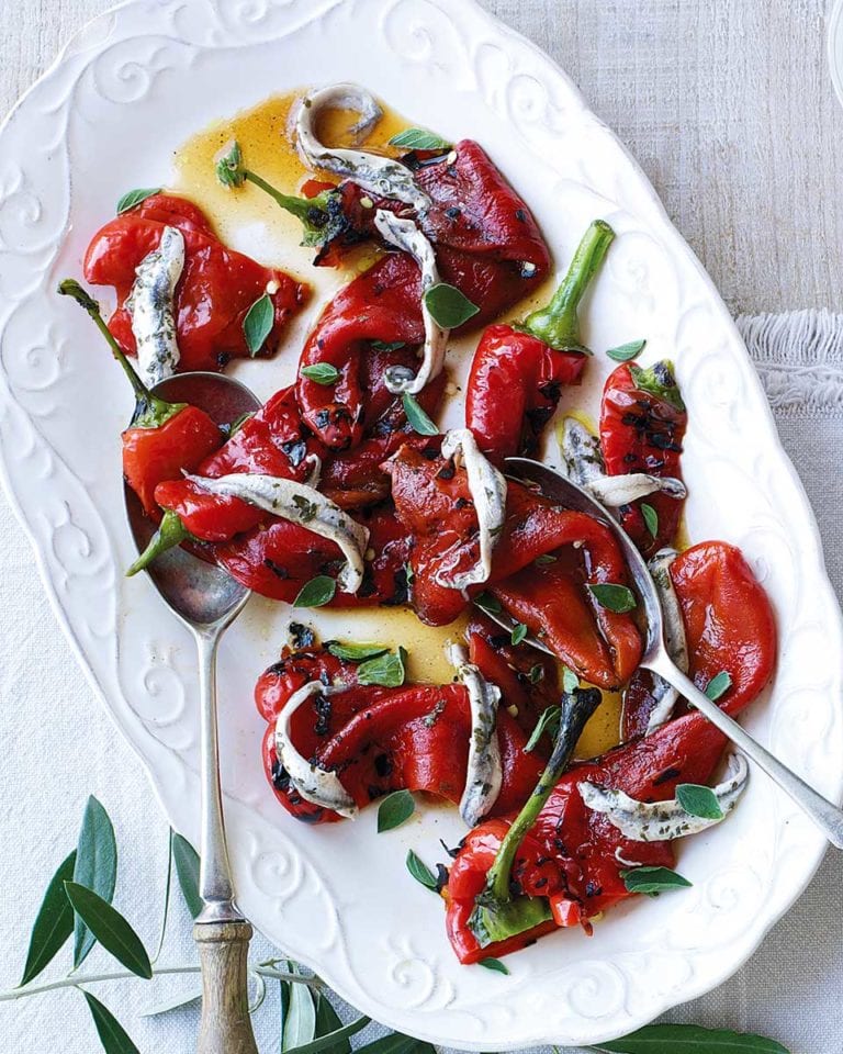 Peppers with roasted garlic, anchovies and basil