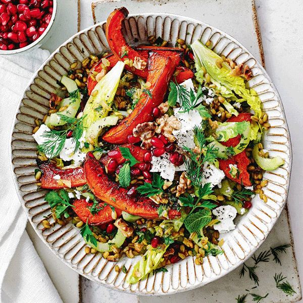 Roast squash, freekeh and feta salad