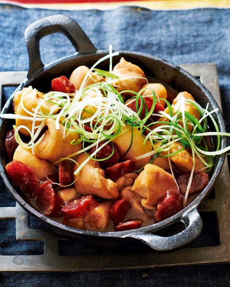 Ken Hom’s steamed chicken with Chinese sausage