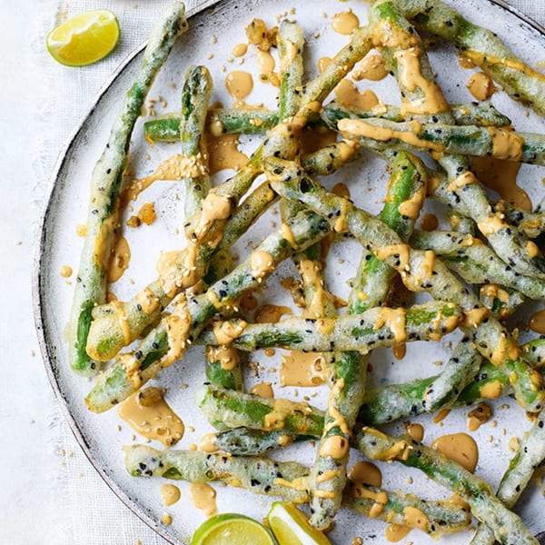 Black sesame tempura asparagus with miso mayo