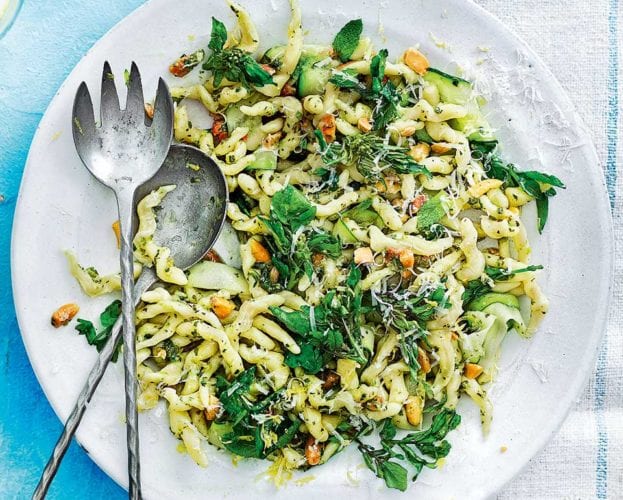 Trofie pasta with watercress, courgette and almonds