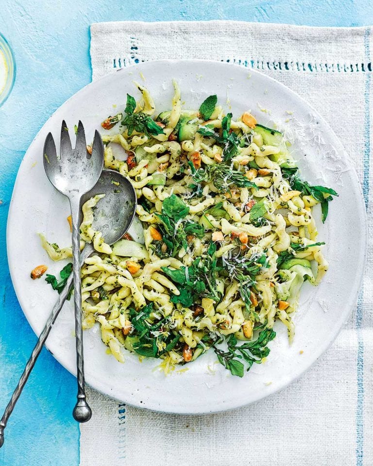 Trofie pasta with watercress, courgette and almonds