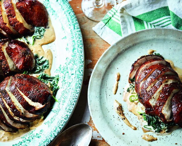 Peppered mushroom steaks with buttered spinach
