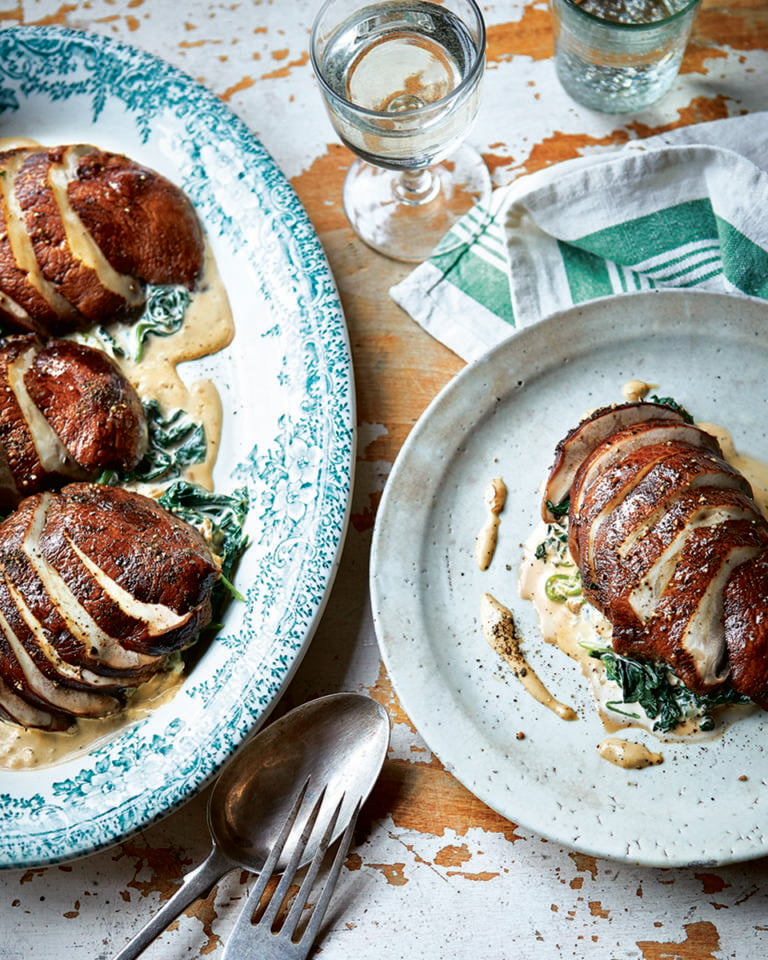 Peppered mushroom steaks with buttered spinach