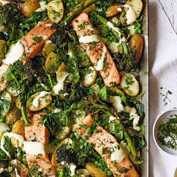 Salmon and broccoli traybake