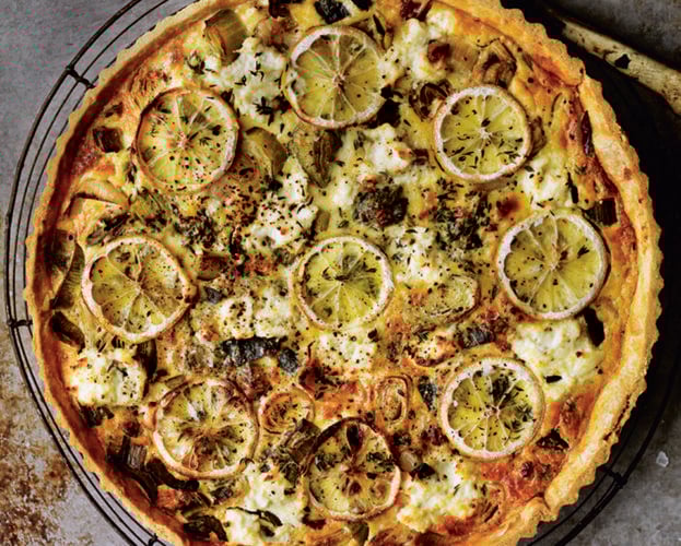 Leek, lemon, thyme, pancetta and ricotta tart