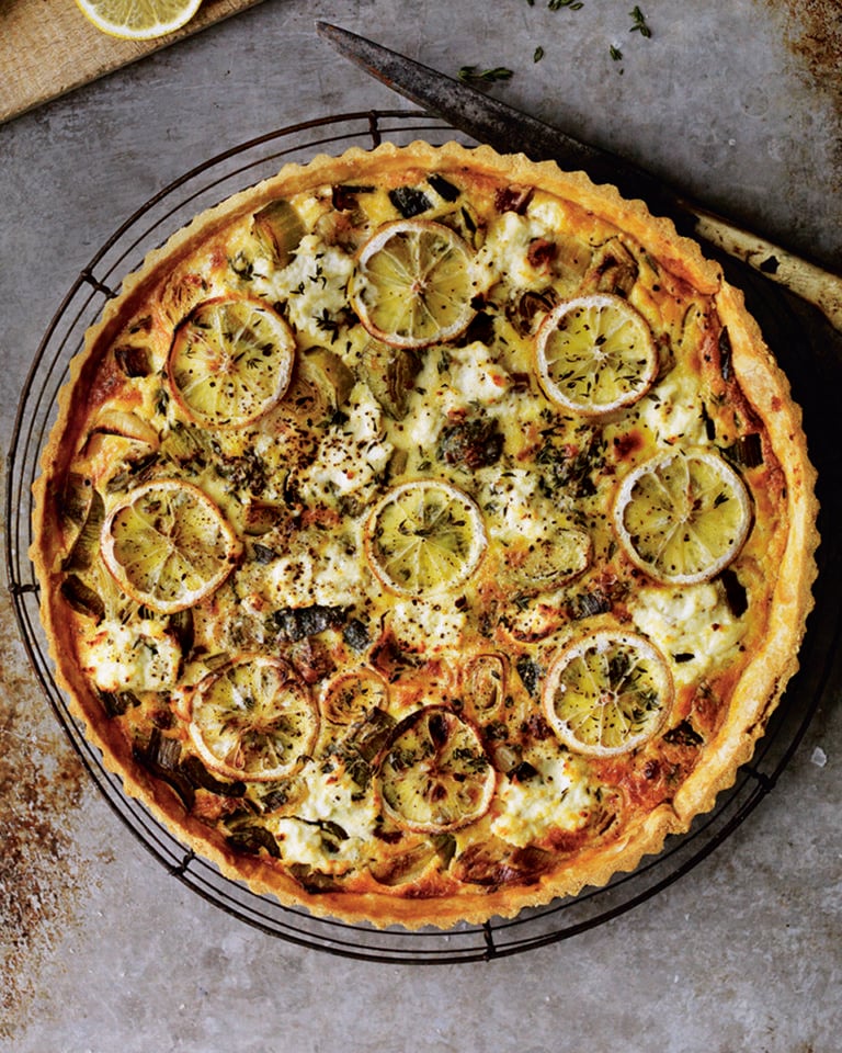 Leek, lemon, thyme, pancetta and ricotta tart