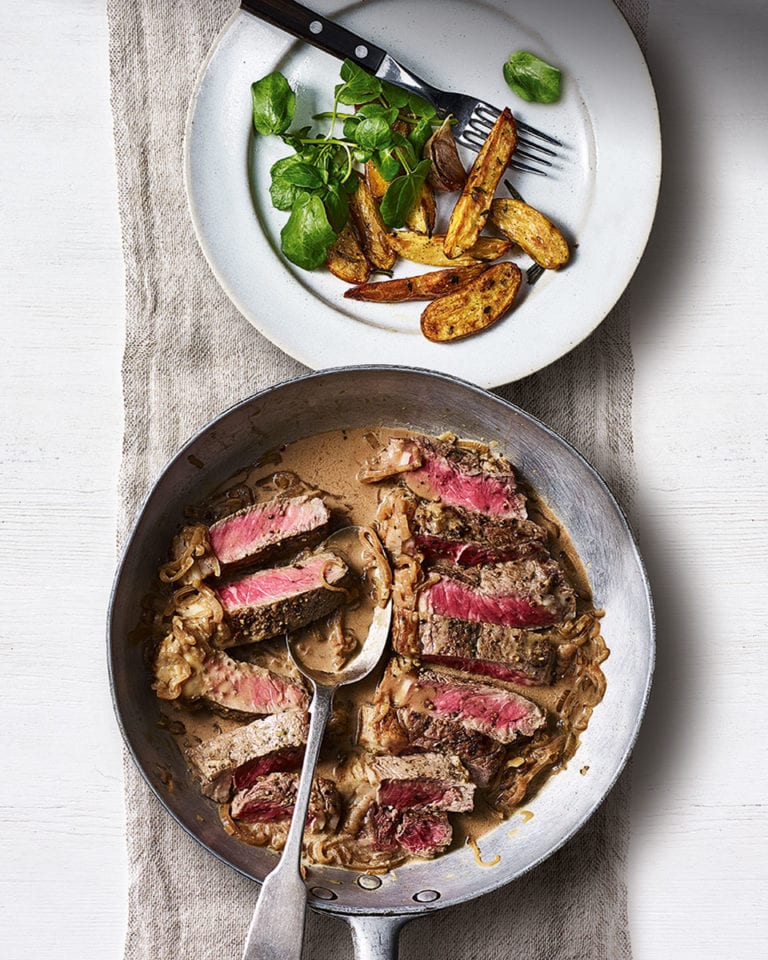 Steak diane with roast potatoes