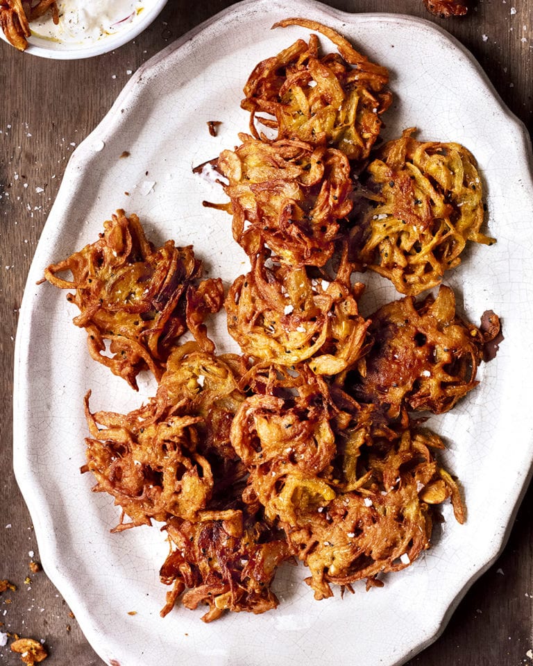 Onion bhajis with yogurt and goat’s cheese dip