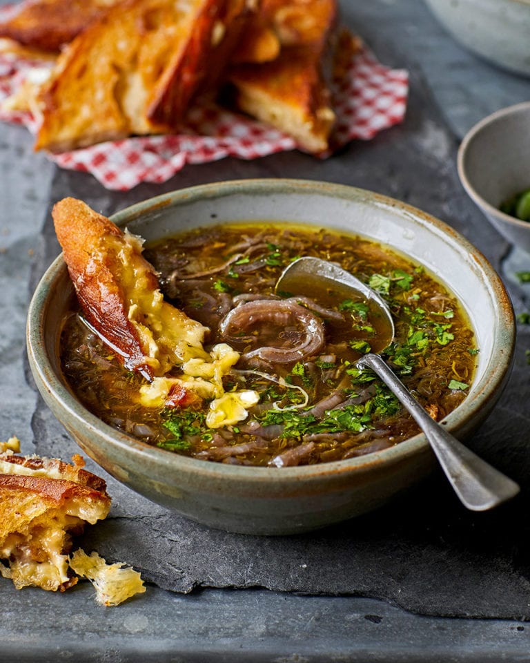 Red onion soup with cheesy sourdough melts