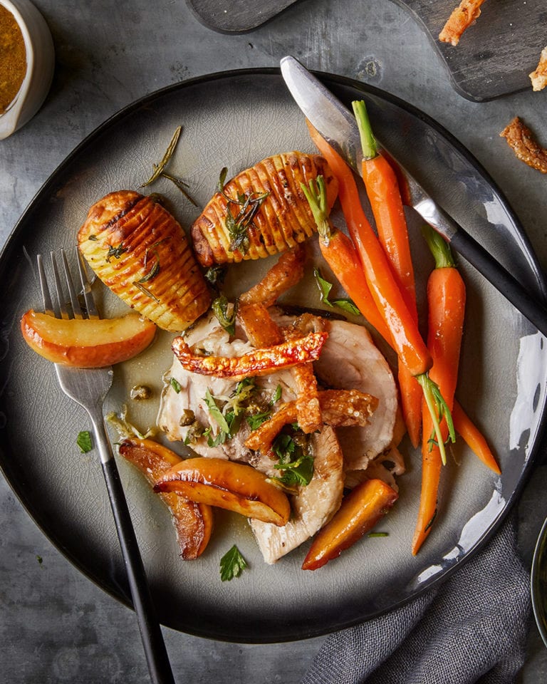 Slow-roast pork belly with lemon, parsley and caper gremolata