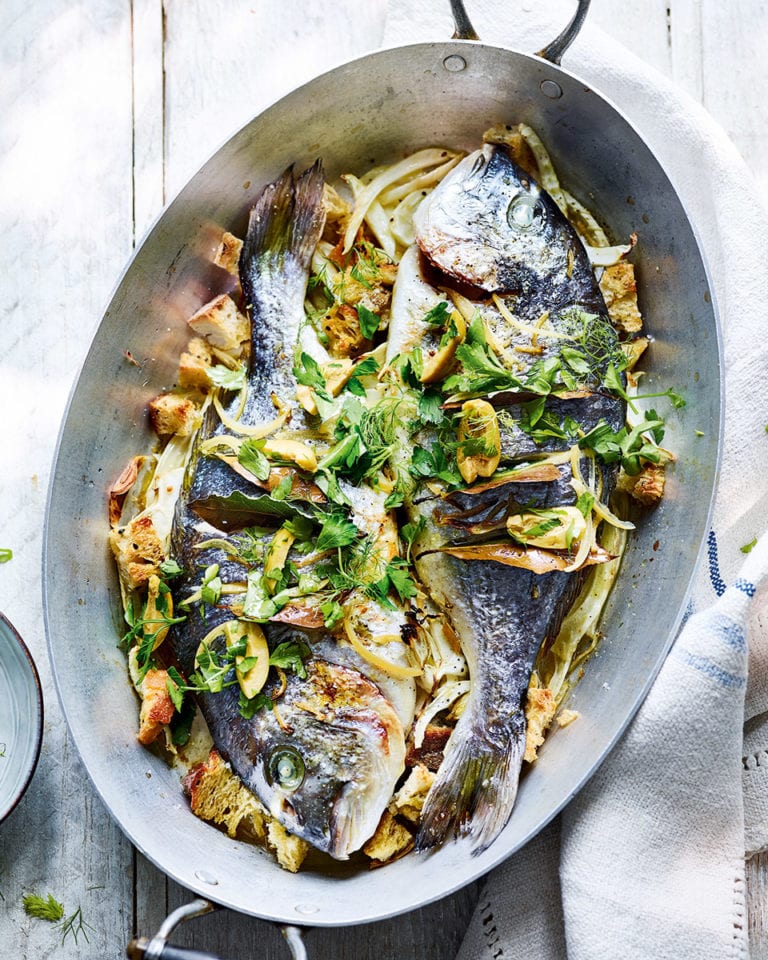 Roast sea bream with fennel, sourdough and preserved lemons