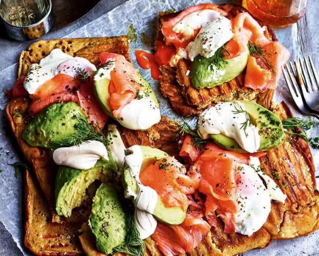 savoury waffles with smoked salmon, avo and eggs
