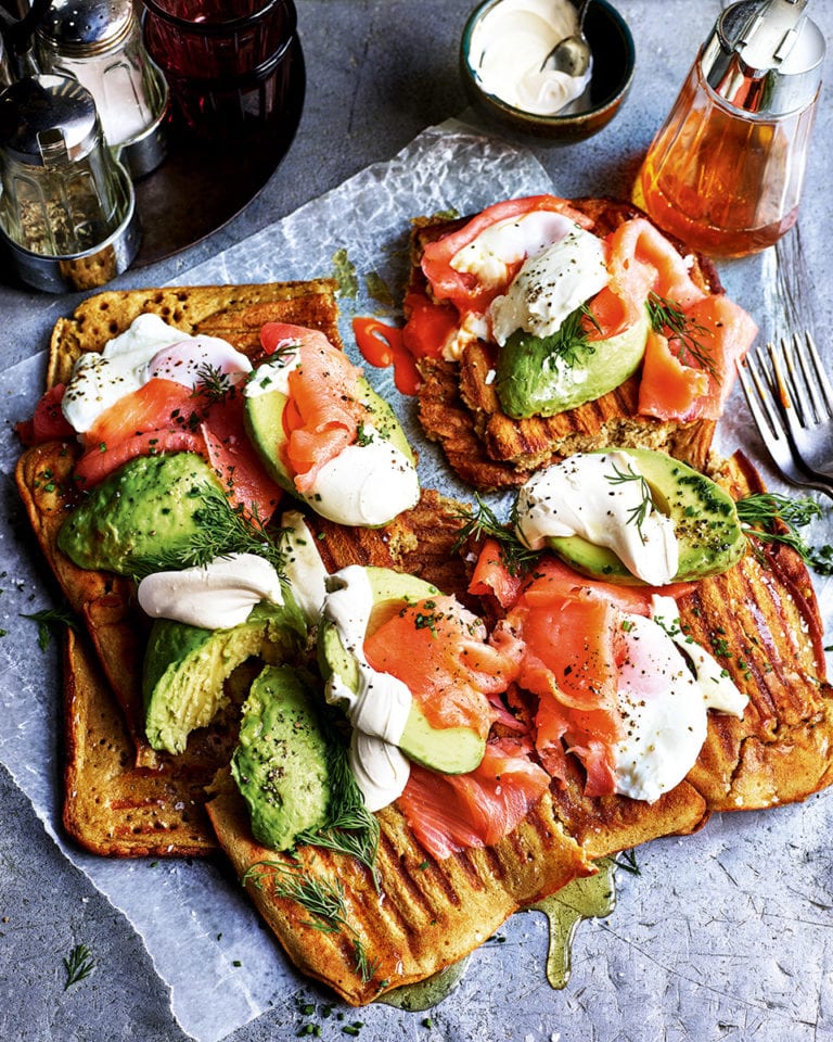 Savoury waffles with smoked salmon, avocado and eggs