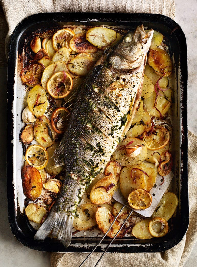 Whole roast fish with lemon and tarragon butter