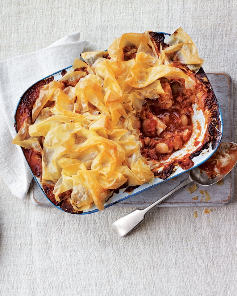 Smoky cod and butter bean filo pie