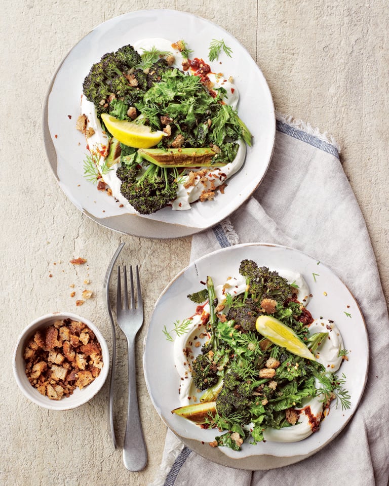 Garlicky greens with harissa yogurt