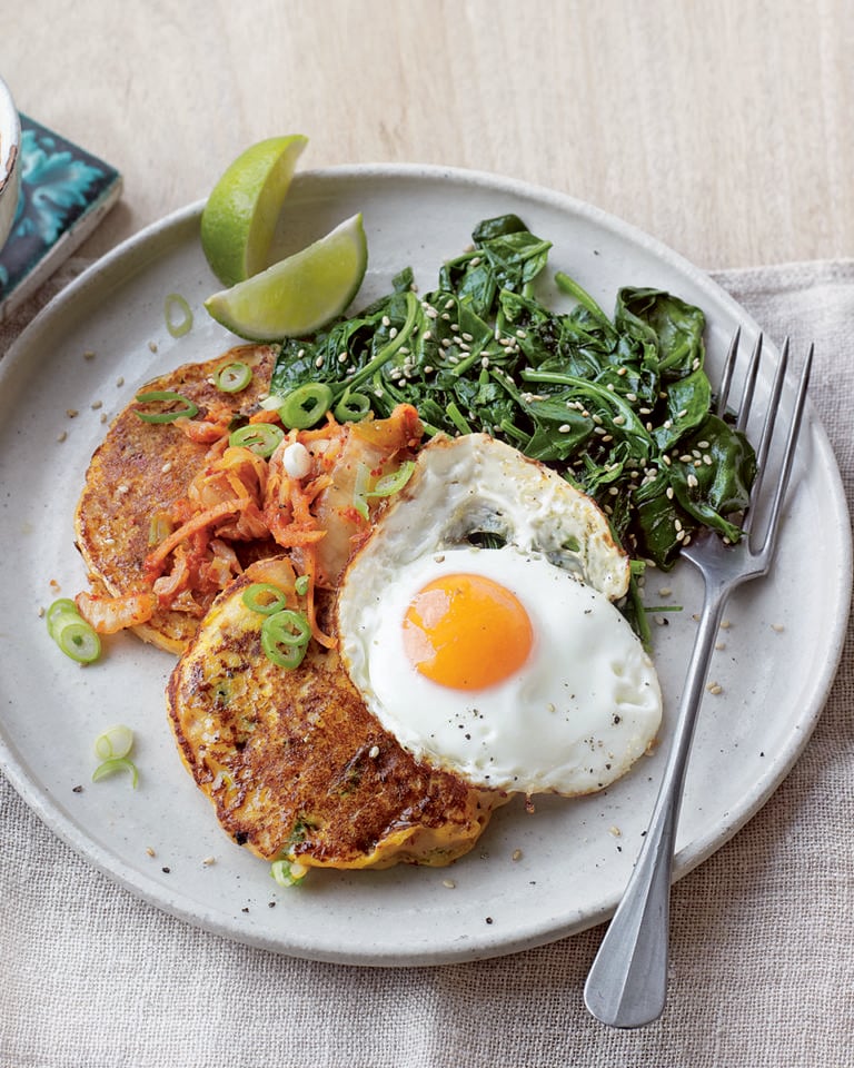 Kimchi potato pancakes with fried eggs