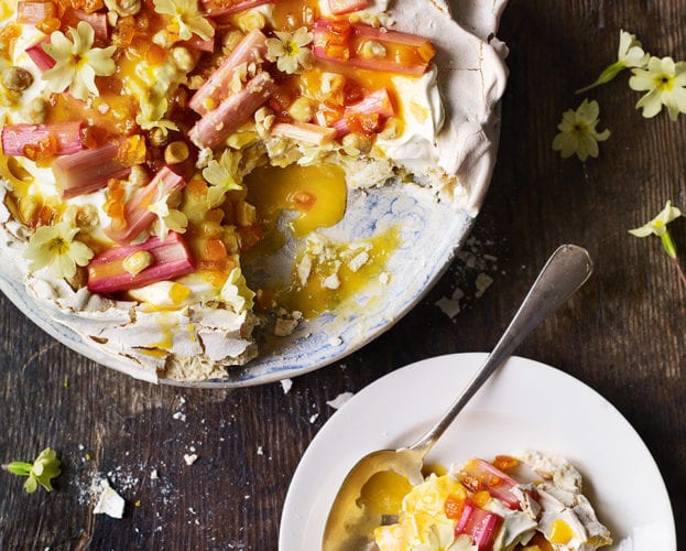 Pavlova with orange curd and roast rhubarb
