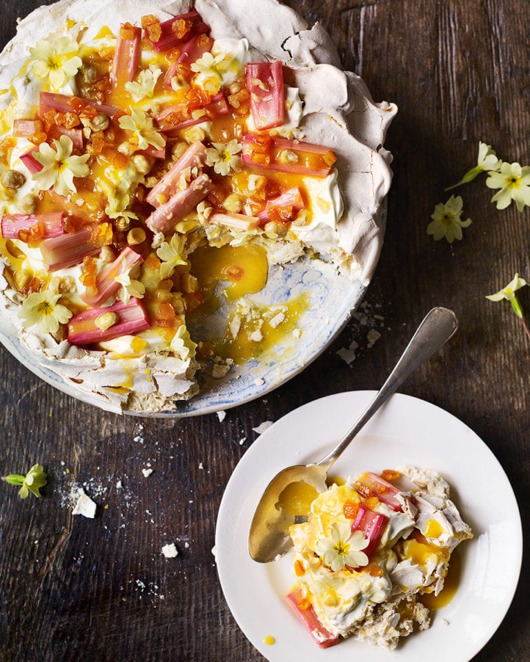 Pavlova with orange curd and roast rhubarb