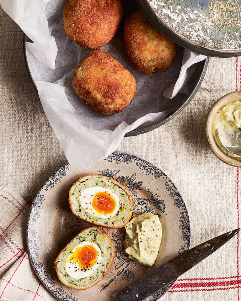 Smoked haddock scotch eggs with lemon mayo