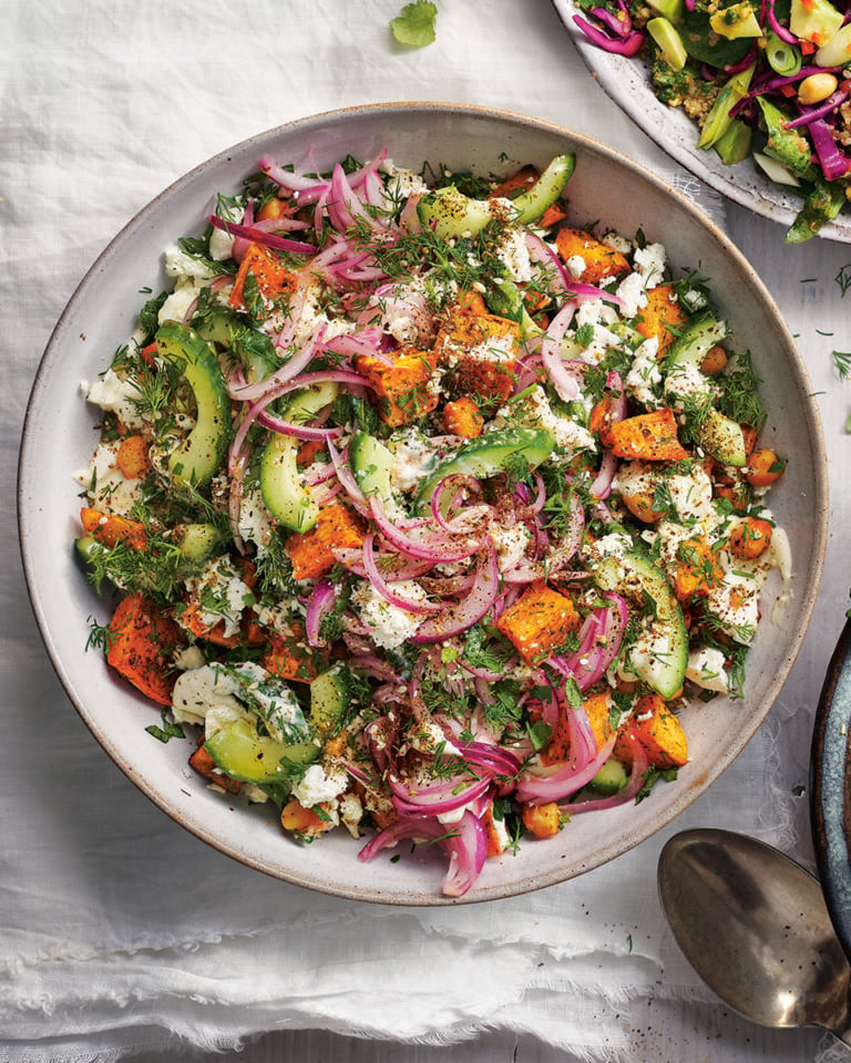 Sweet potato, chickpea and feta salad with tahini dressing