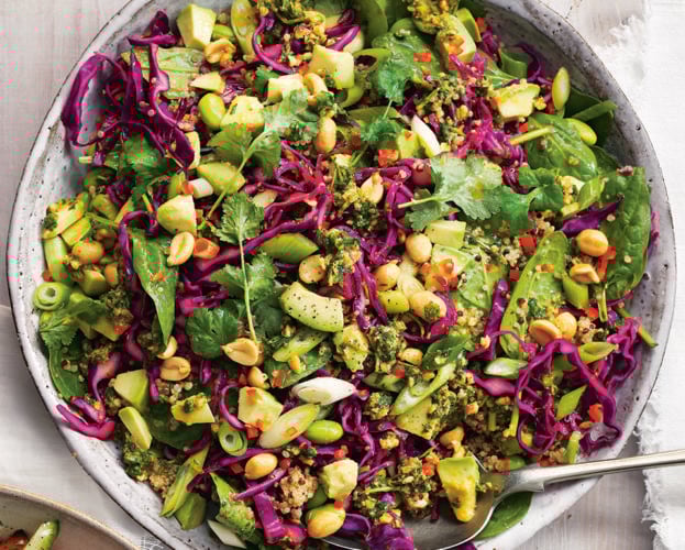 Red cabbage, quinoa and avocado salad with peanut pesto