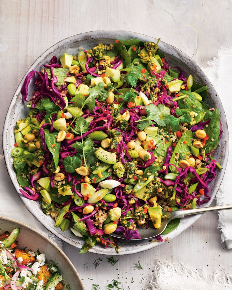 Red cabbage, quinoa and avocado salad with peanut pesto