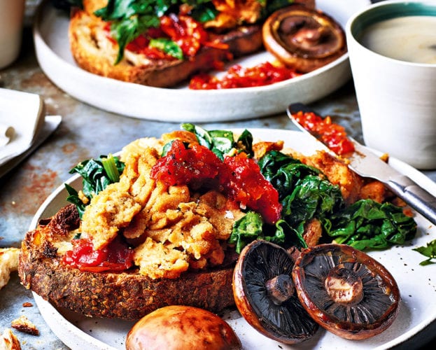 Vegan ‘scrambled eggs’ with mushrooms and greens