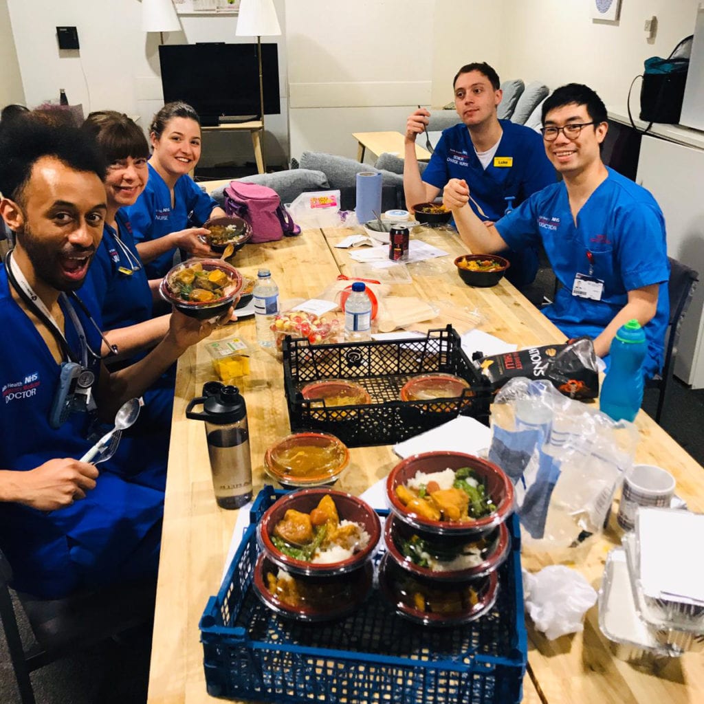 Staff at Royal London Hospital sit down to eat, thanks to Meals For The NHS