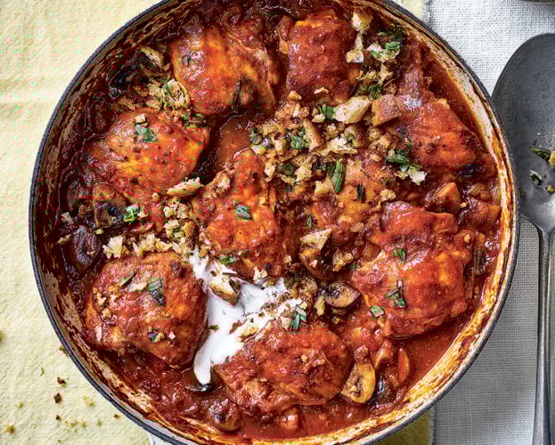 Creamy chicken chasseur with crispy breadcrumbs