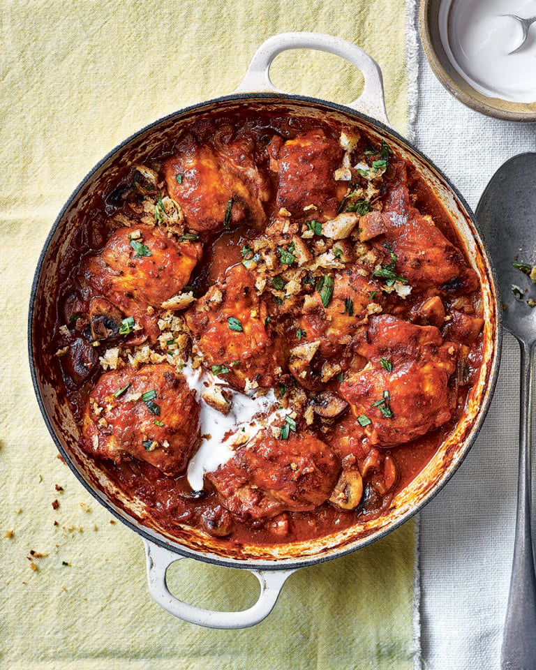 Creamy chicken chasseur with crispy breadcrumbs