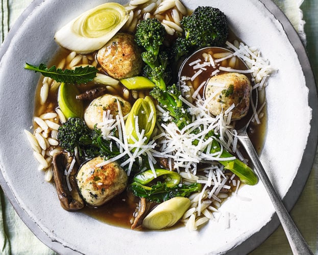 Chicken meatball and orzo broth