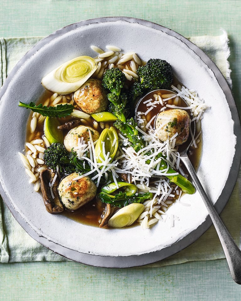 Chicken meatball and orzo broth