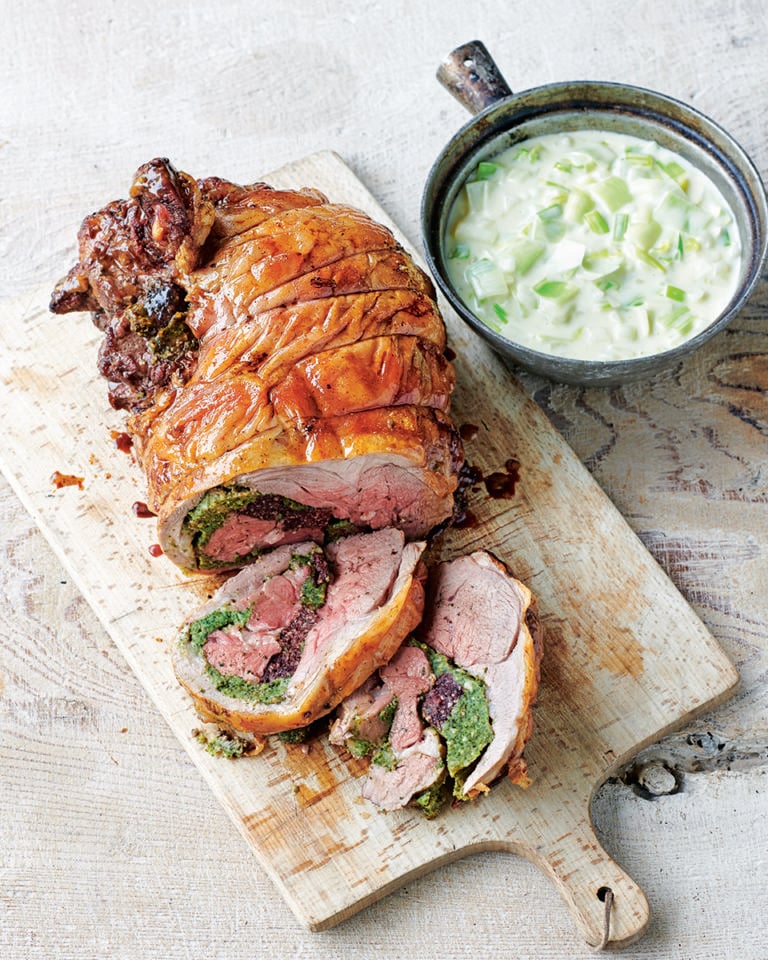 James Martin’s stuffed leg of Welsh lamb with onion and leek sauce