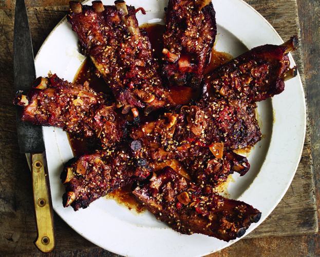 Sticky ribs in rhubarb, ginger and chilli