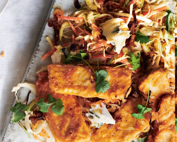 Crunchy tofu nuggets with blue cheese slaw