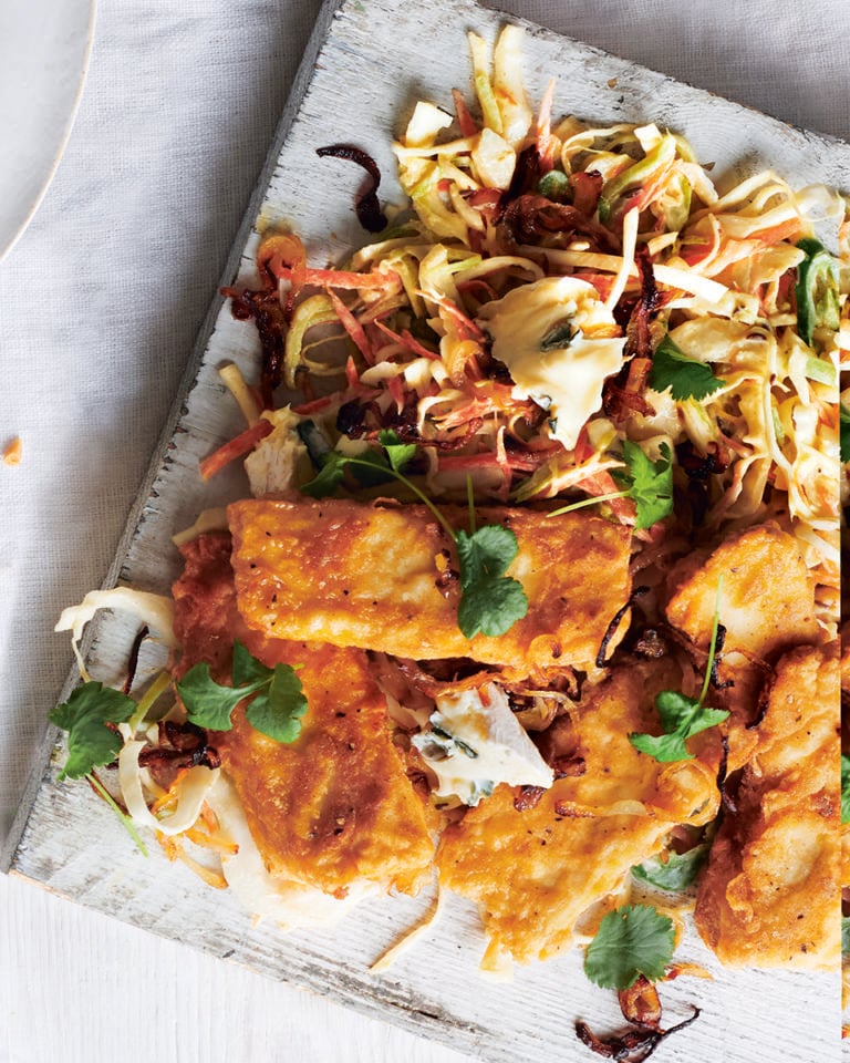 Crunchy tofu nuggets with blue cheese slaw