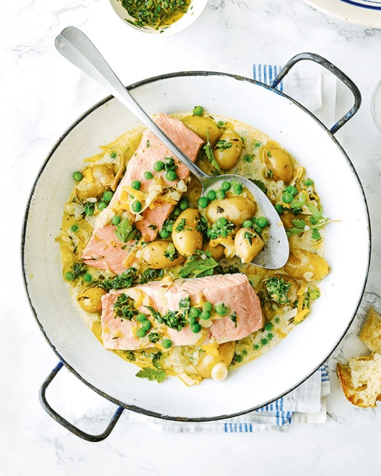 Salmon and spring vegetable stew