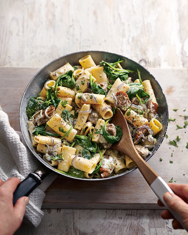 Creamy vegan sausage and spinach pasta