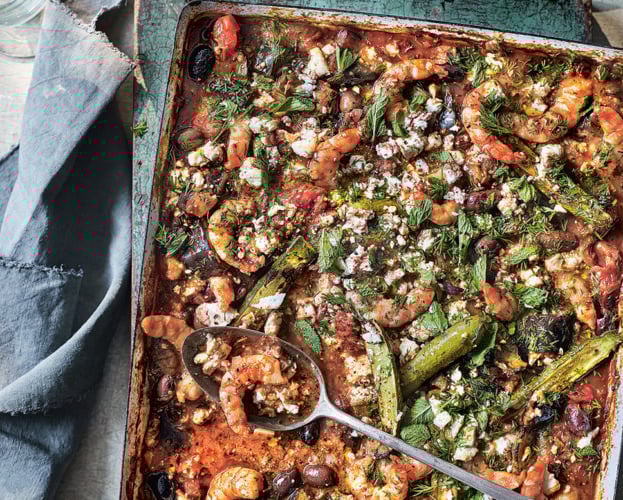Saganaki-style prawn and feta traybake