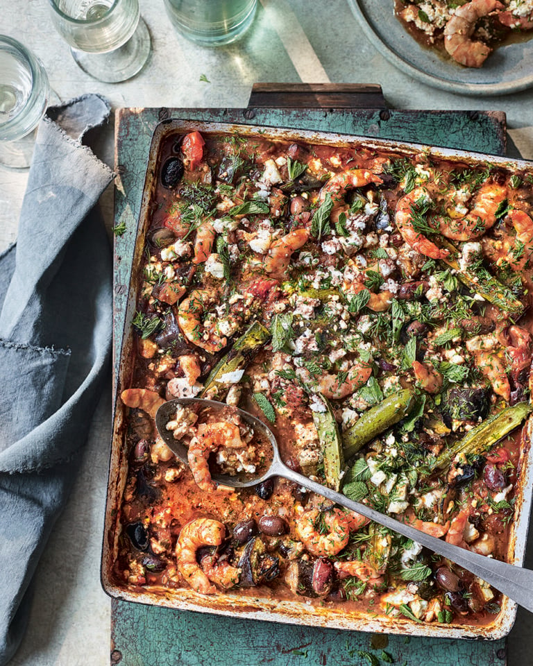 Saganaki-style prawn and feta traybake