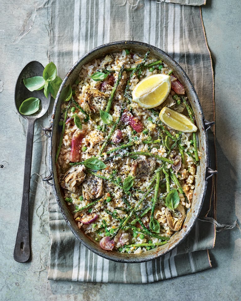 No-stir risotto with radishes, asparagus and artichokes