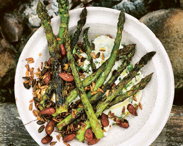 Asparagus with labneh, mint, almonds and seeds