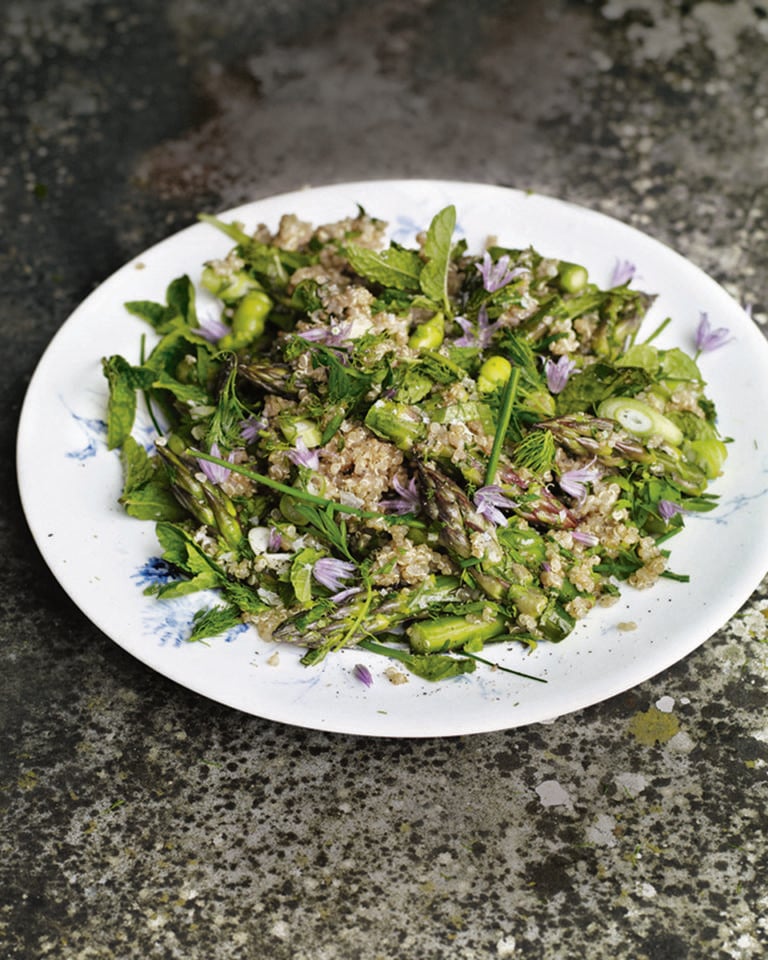 Asparagus and quinoa salad with peas and broad beans